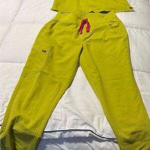 Figs Lime Green Scrub Set with Pink Accents